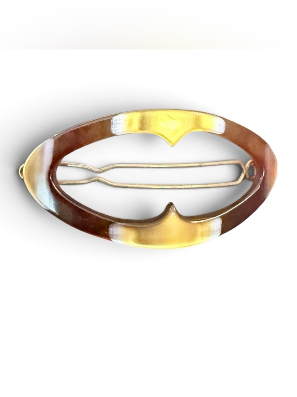 Vintage Brown and Gold Oval Hair Clip, Made in Belgium, 2.5” Long